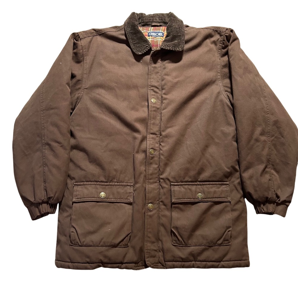 Cherokee Canvas Field Jacket Mens M Brown Plaid Flannel Lined Corduroy Barn Coat